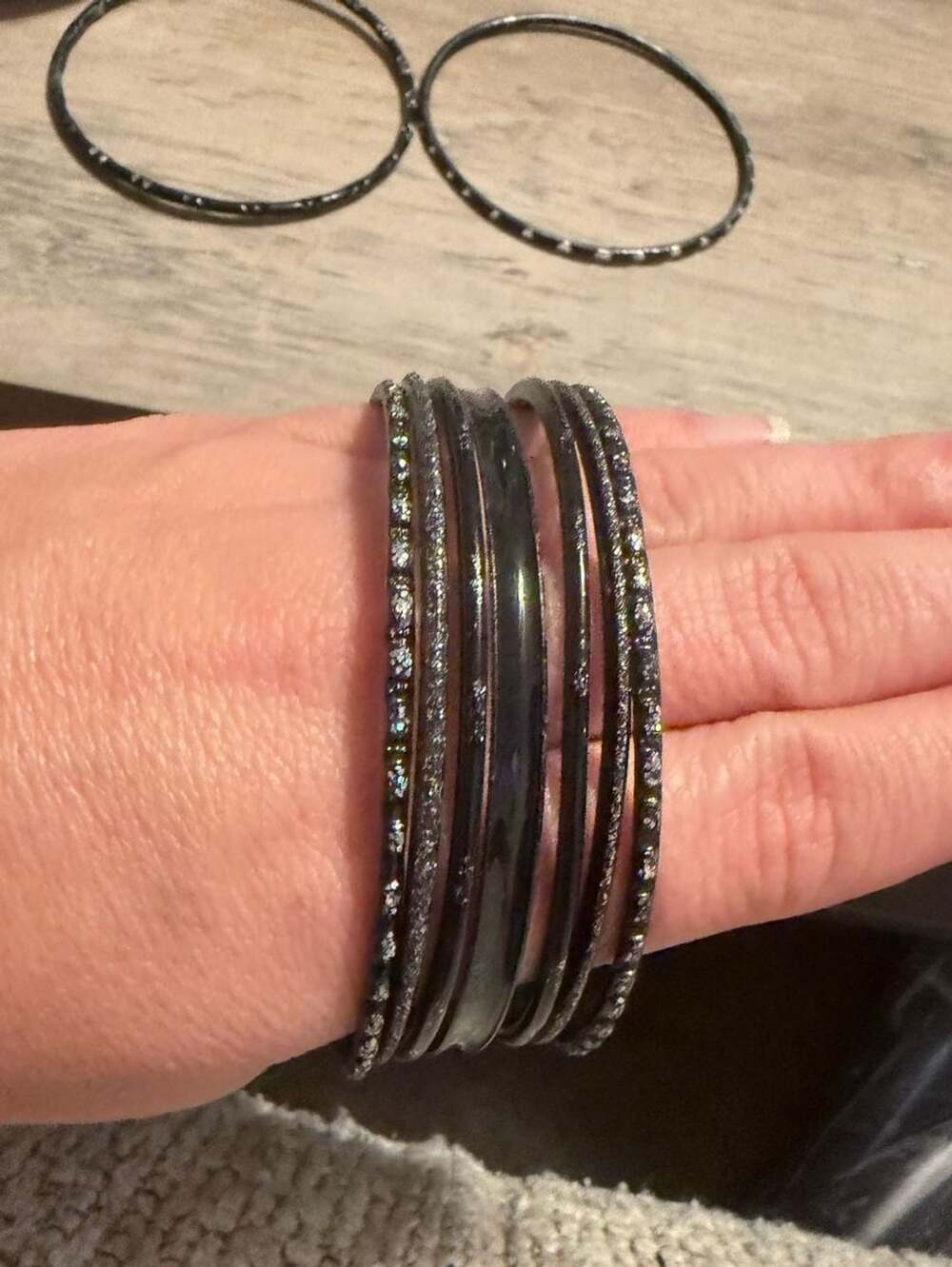 Lot of 9 Black Sparkly Glitter Finish Bangle Bracelets